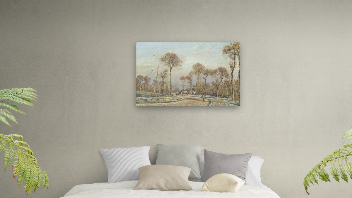 The Road to Versailles, Louveciennes: Morning Frost by Camille Pissarro, shown at 28 × 42 in (71.1 × 106.7 cm) as gallery-wrapped canvas, bedroom