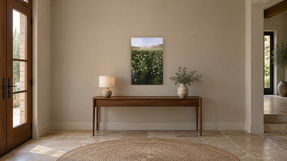 San Francisco Garden by Alberta Binford McCloskey, shown at 28 × 42 in (71.1 × 106.7 cm) as gallery-wrapped canvas, hallway