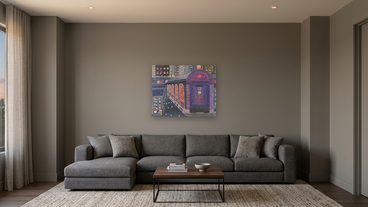 Purple Church by Ralph Fasanella, shown at 32 × 40 in (81.3 × 101.6 cm) as gallery-wrapped canvas, media room