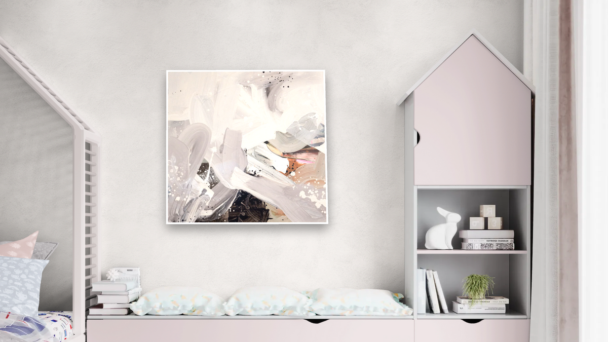 Snack 23 by Nino Yuniardi, shown at 32 × 32 in (81.3 × 81.3 cm) as gallery-wrapped canvas, bedroom