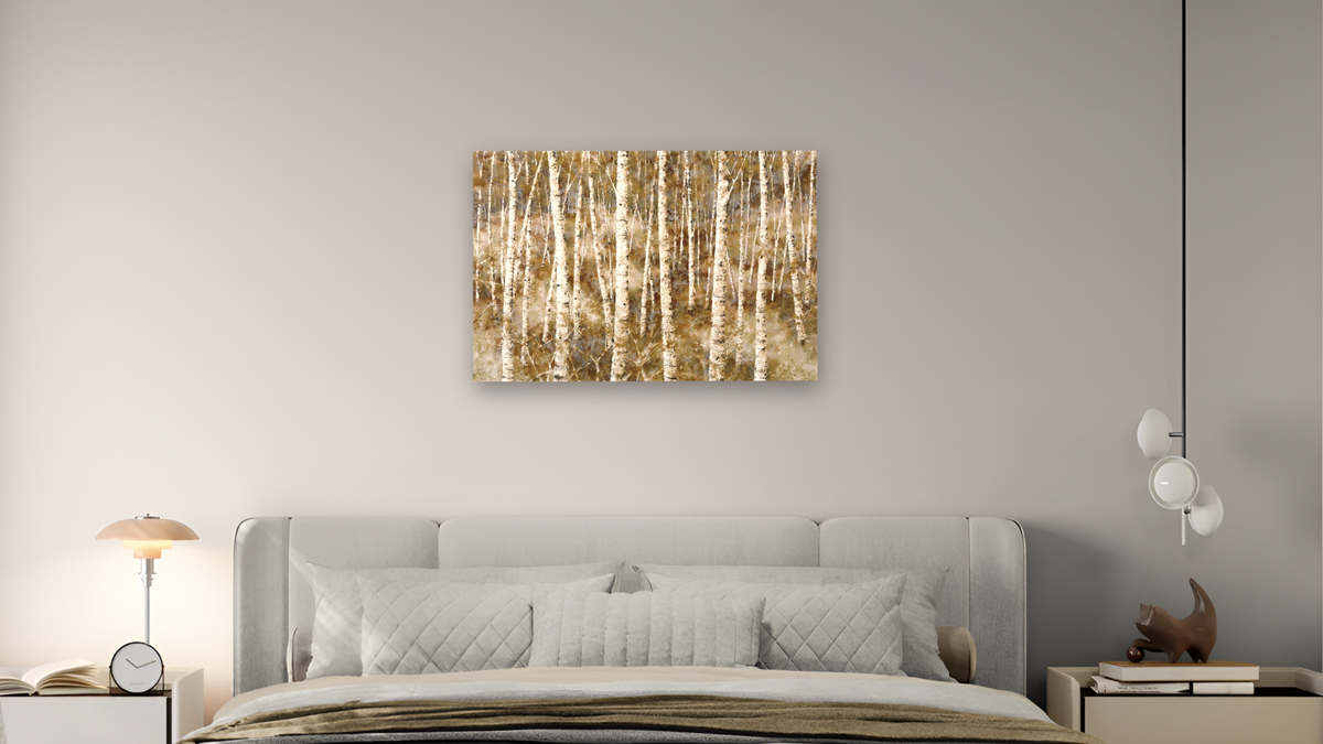 Golden Path, shown at 28 × 42 in (71.1 × 106.7 cm) as gallery-wrapped canvas, bedroom