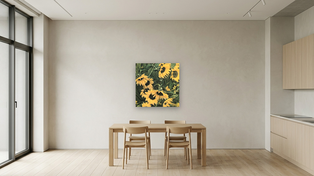 Sunflowers by Kirsten Söderlind, shown at 32 × 32 in (81.3 × 81.3 cm) as gallery-wrapped canvas, kitchen