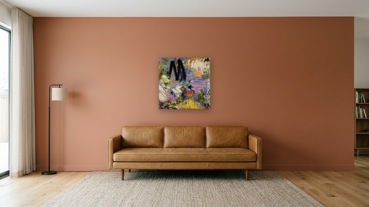 More is More by Katherine Bello, shown at 32 × 32 in (81.3 × 81.3 cm) as gallery-wrapped canvas, media room