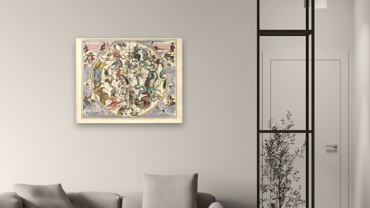 Plate 27 by Andreas Cellarius, shown at 32 × 40 in (81.3 × 101.6 cm) as gallery-wrapped canvas, living