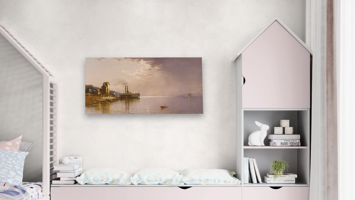 The Sidewheeler "The City of St. Paul" on the Mississippi River, Dubuque, Iowa by Alfred Thompson Bricher, shown at 20 × 40 in (50.8 × 101.6 cm) as gallery-wrapped canvas, bedroom