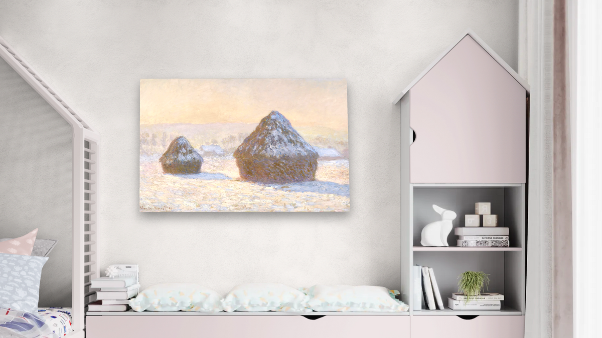Wheatstacks, Snow Effect, Morning (Meules, Effet de Neige, Le Matin) by Claude Monet, shown at 28 × 42 in (71.1 × 106.7 cm) as gallery-wrapped canvas, bedroom