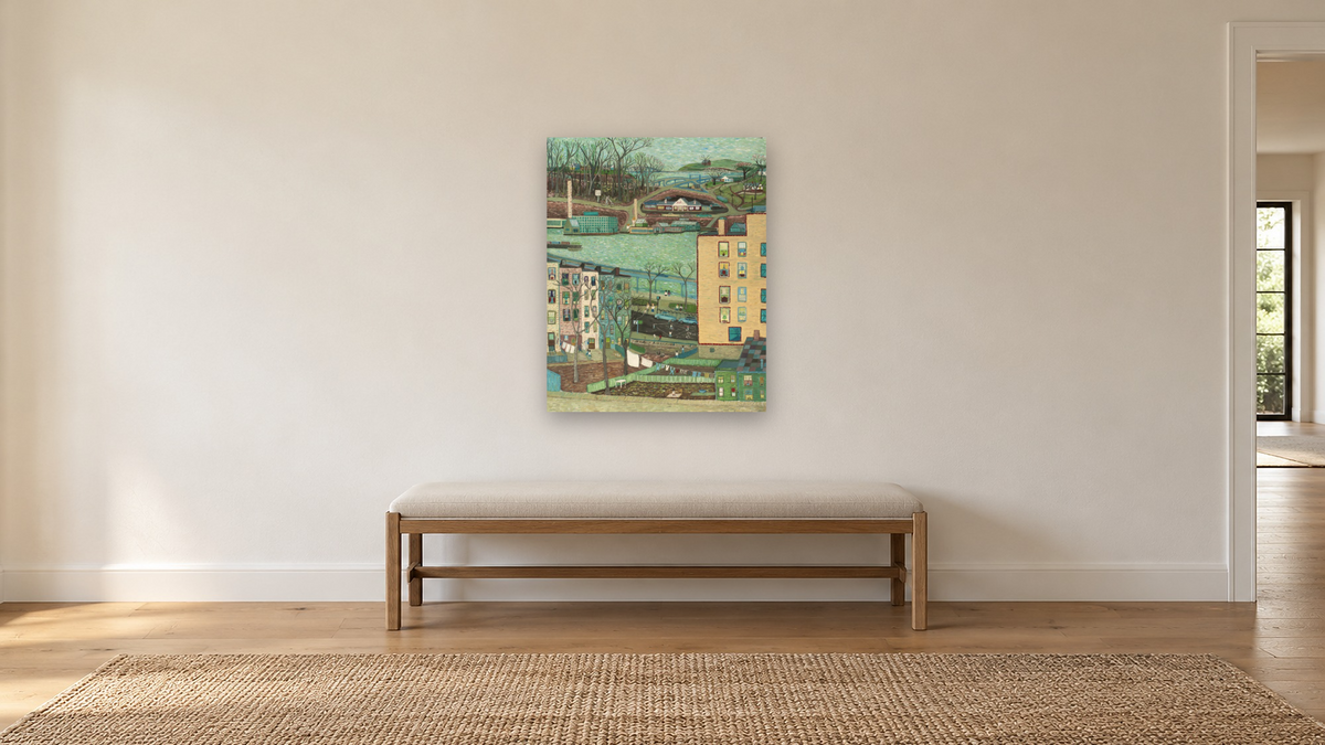 Across the River by Ralph Fasanella, shown at 32 × 40 in (81.3 × 101.6 cm) as gallery-wrapped canvas, hallway