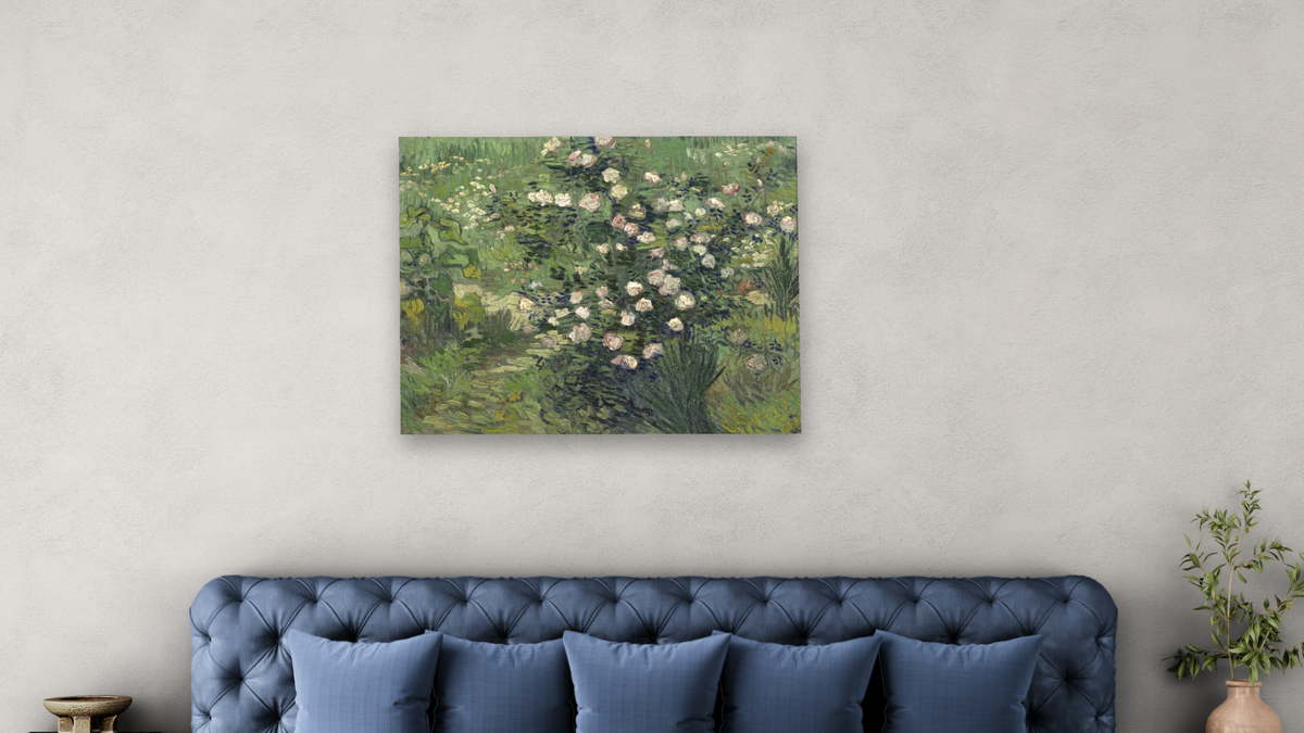 Roses by Vincent van Gogh, shown at 32 × 40 in (81.3 × 101.6 cm) as gallery-wrapped canvas, bedroom
