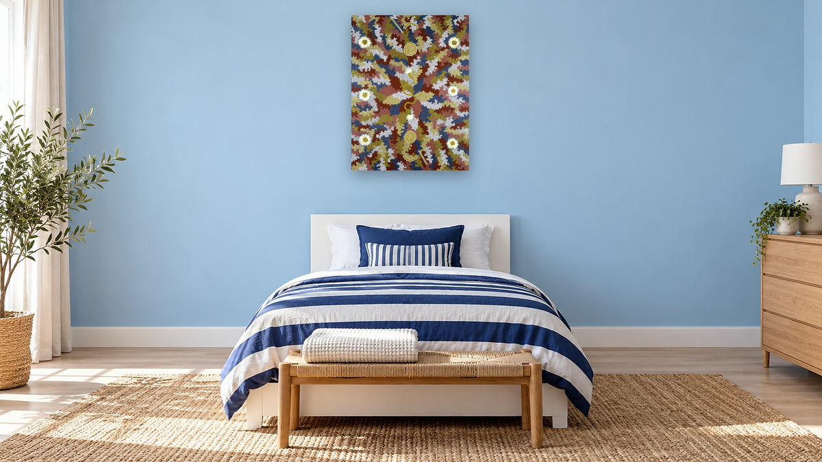Men's Dreaming by Clifford Possum Tjapaltjarri, shown at 30 × 40 in (76.2 × 101.6 cm) as gallery-wrapped canvas, kids' room