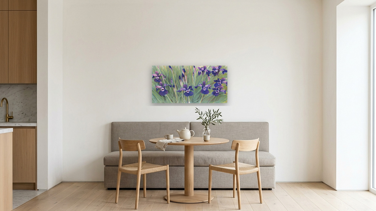 Irises by Kirsten Söderlind, shown at 20 × 40 in (50.8 × 101.6 cm) as gallery-wrapped canvas, kitchen