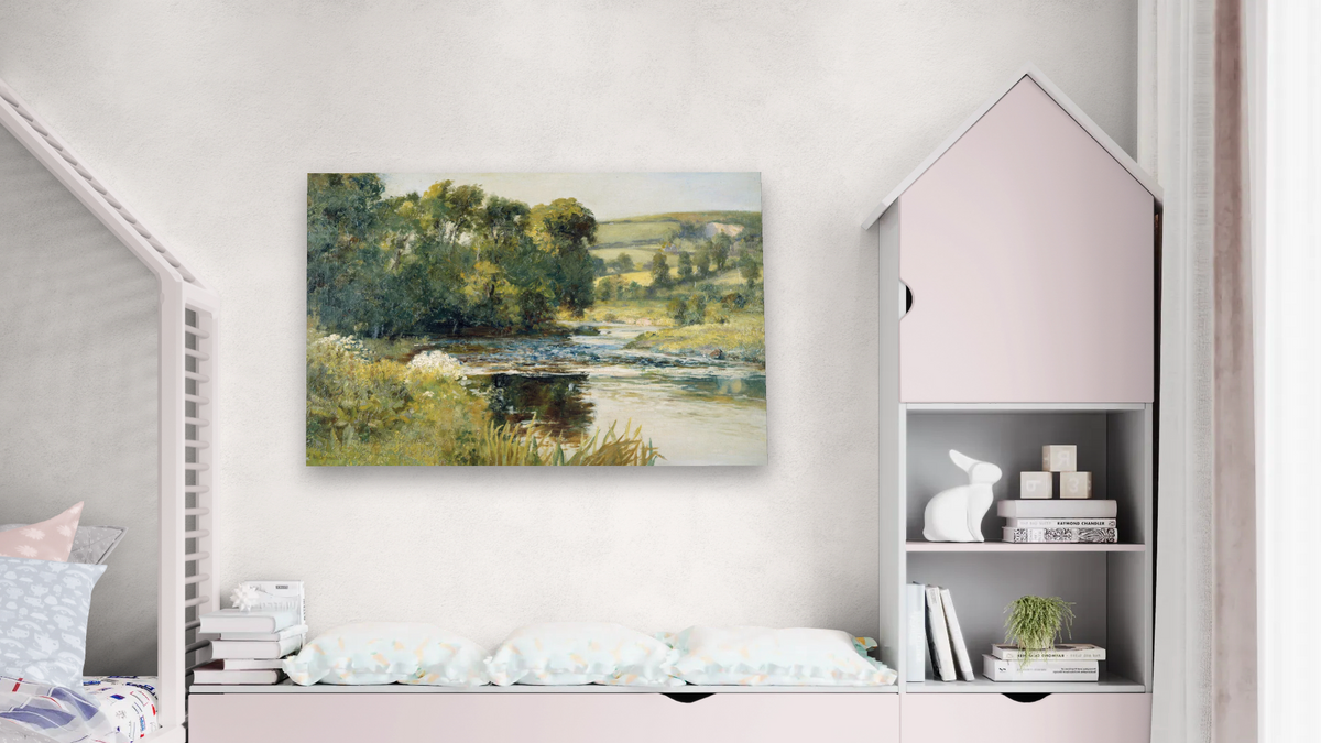 Streamside by Edward Mitchell Bannister, shown at 28 × 42 in (71.1 × 106.7 cm) as gallery-wrapped canvas, bedroom