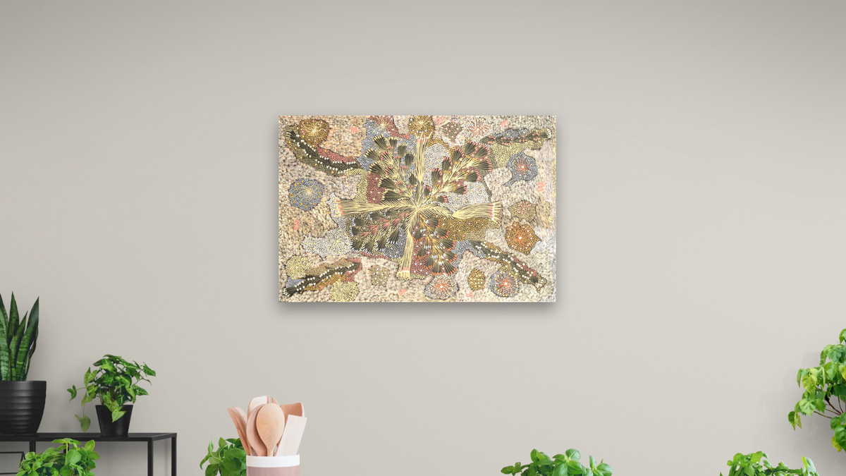 Bush Banana Dreaming by Eunice Napangardi, shown at 28 × 42 in (71.1 × 106.7 cm) as gallery-wrapped canvas, dining
