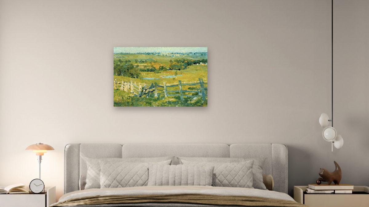 Heidelberg by E. Phillips Fox, shown at 28 × 42 in (71.1 × 106.7 cm) as gallery-wrapped canvas, bedroom