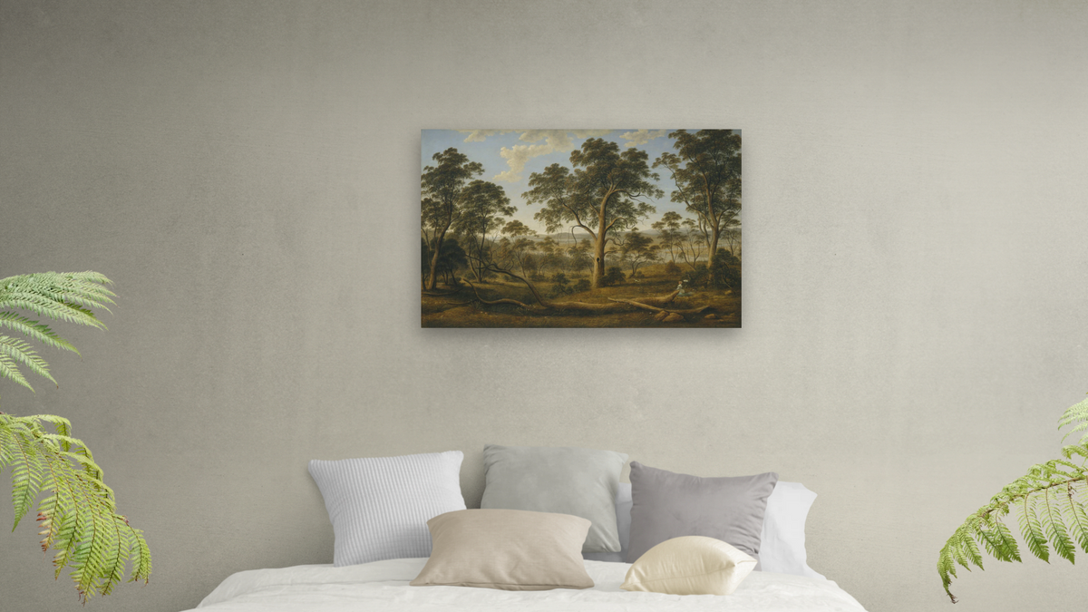 Launceston and the river Tamar by John Glover, shown at 28 × 42 in (71.1 × 106.7 cm) as gallery-wrapped canvas, bedroom
