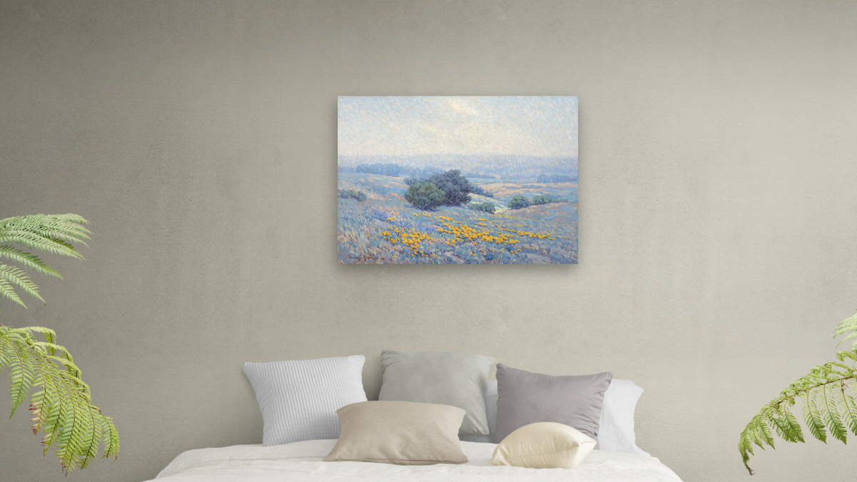 Wildflowers, Poppies, and Lupines by Granville Seymour Redmond, shown at 30 × 40 in (76.2 × 101.6 cm) as gallery-wrapped canvas, bedroom