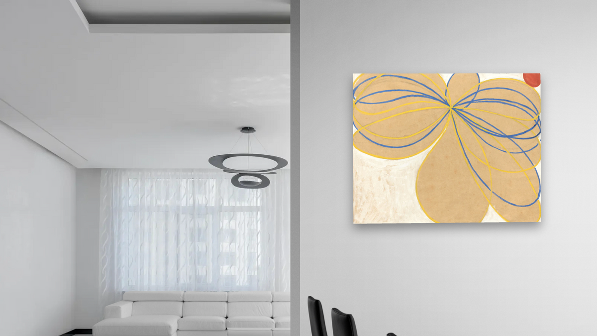 Group V, The Seven-Pointed Star, No. 1 (WUS/Seven-Pointed Star Series) by Hilma af Klint, shown at 32 × 40 in (81.3 × 101.6 cm) as gallery-wrapped canvas, dining