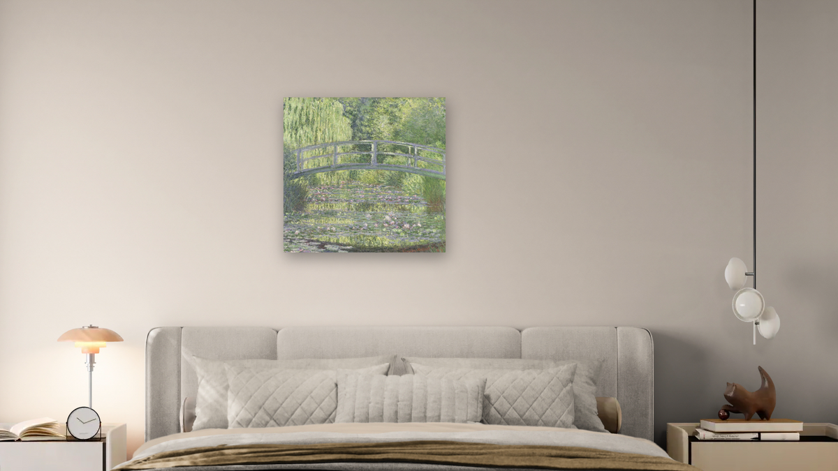 The Waterlily Pond: Green Harmony by Claude Monet, shown at 32 × 32 in (81.3 × 81.3 cm) as gallery-wrapped canvas, bedroom