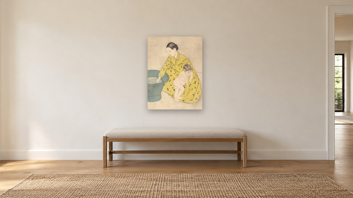 The Bath by Mary Cassatt, shown at 30 × 40 in (76.2 × 101.6 cm) as gallery-wrapped canvas, hallway