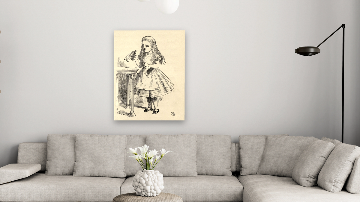 Alice peering at the Drink Me bottle, from 'Alice's Adventures in Wonderland' by Lewis Carroll by John Tenniel, shown at 30 × 40 in (76.2 × 101.6 cm) as gallery-wrapped canvas, living