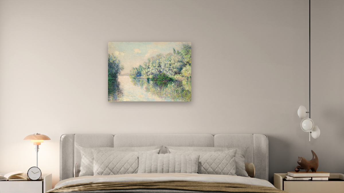 The Seine near Giverny by Claude Monet, shown at 30 × 40 in (76.2 × 101.6 cm) as gallery-wrapped canvas, bedroom