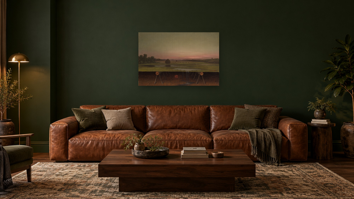 Gremlin in the Studio by Martin Johnson Heade, shown at 28 × 42 in (71.1 × 106.7 cm) as gallery-wrapped canvas, den