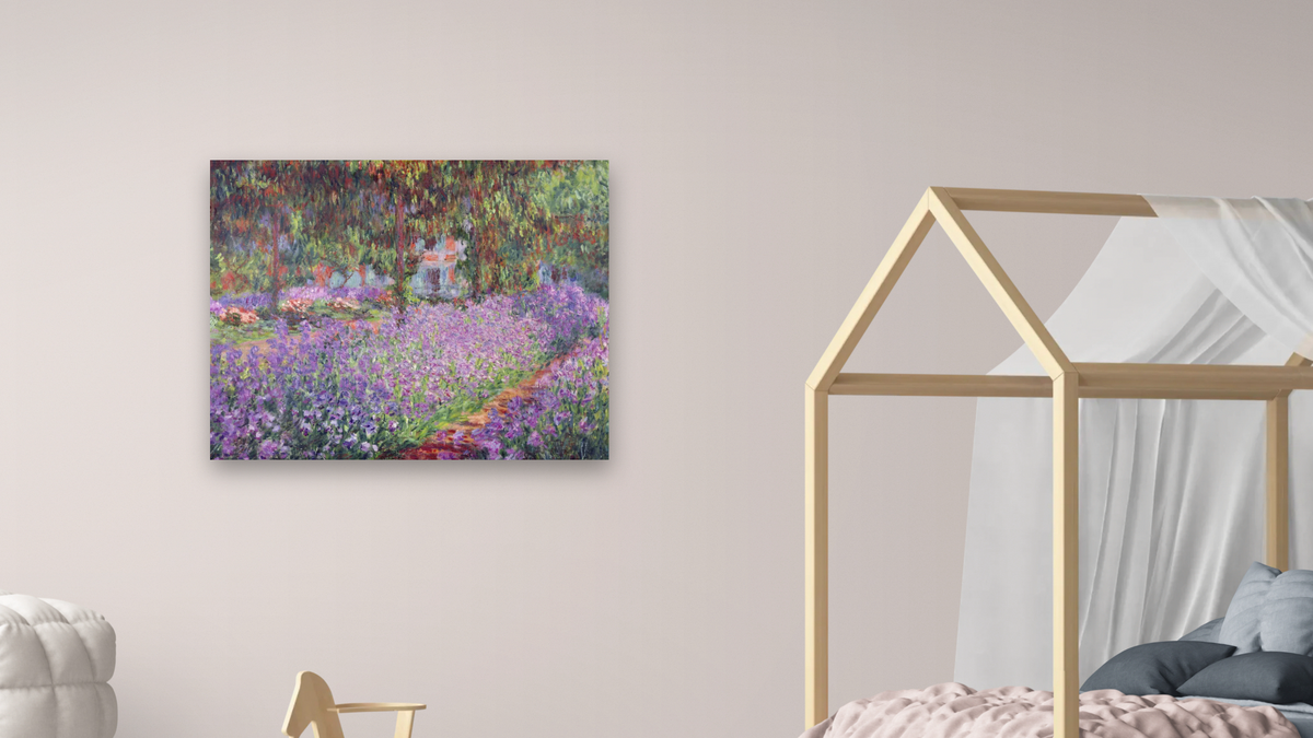 The Artist's Garden at Giverny by Claude Monet, shown at 32 × 40 in (81.3 × 101.6 cm) as gallery-wrapped canvas, bedroom