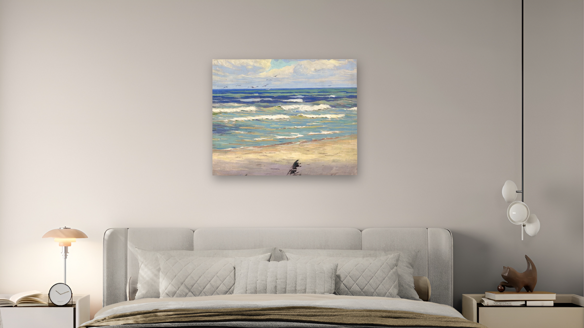Harbingers of the Storm by Frank V. Dudley, shown at 32 × 40 in (81.3 × 101.6 cm) as gallery-wrapped canvas, bedroom