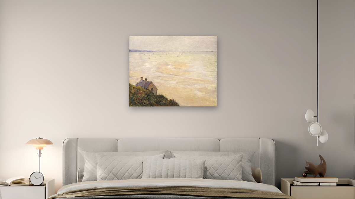 The Hut at Trouville, Low Tide by Claude Monet, shown at 32 × 40 in (81.3 × 101.6 cm) as gallery-wrapped canvas, bedroom