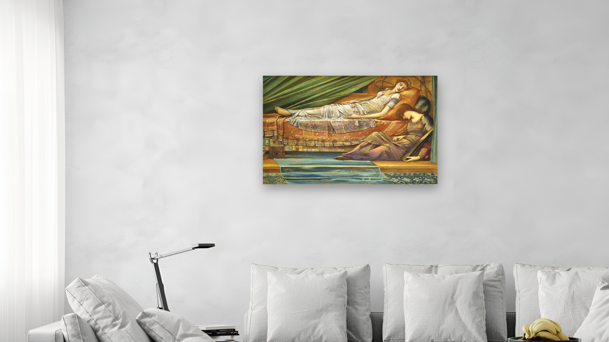 The Sleeping Princess by Edward Burne-Jones, shown at 28 × 42 in (71.1 × 106.7 cm) as gallery-wrapped canvas, living