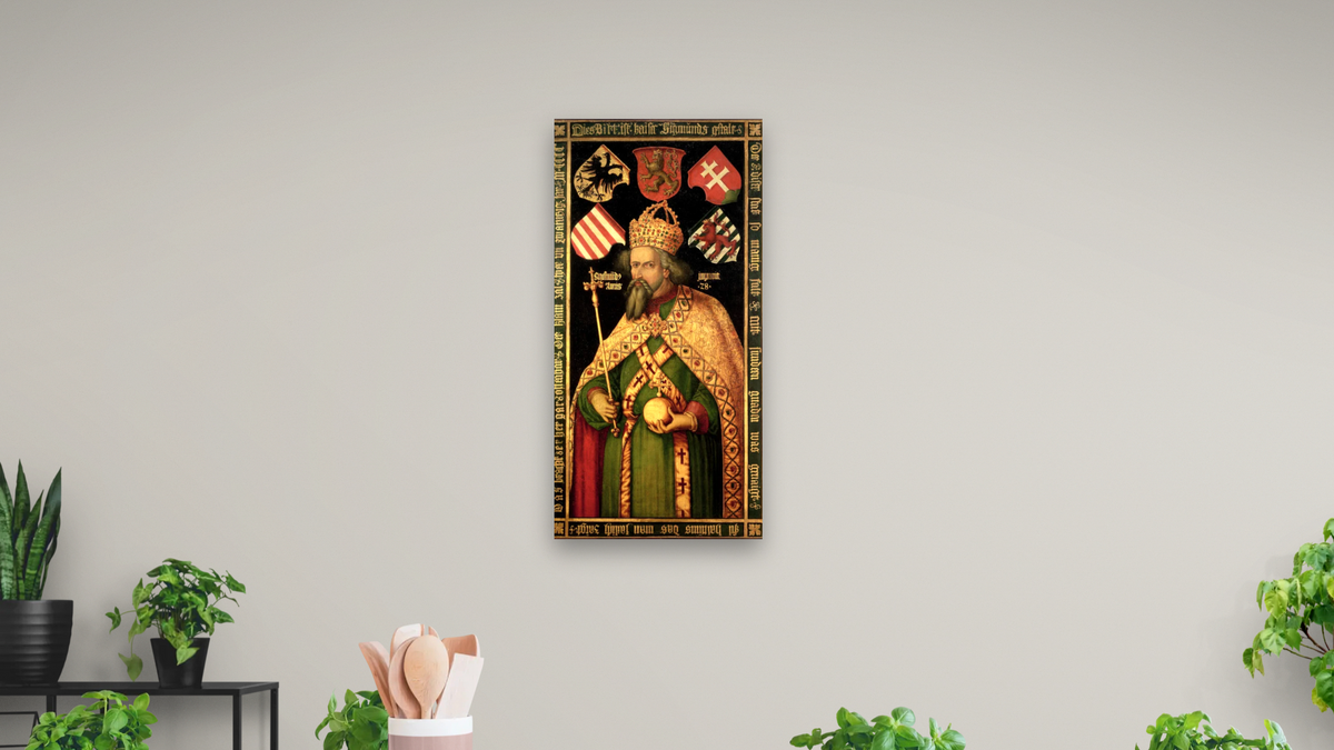 Emperor Sigismund, Holy Roman Emperor, King of Hungary and Bohemia (1368-1437) by Albrecht Dürer, shown at 20 × 40 in (50.8 × 101.6 cm) as gallery-wrapped canvas, dining