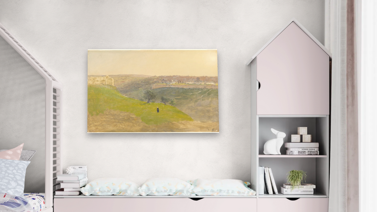 Jerusalem from the Mount of Olives by Frederic Edwin Church, shown at 28 × 42 in (71.1 × 106.7 cm) as gallery-wrapped canvas, bedroom