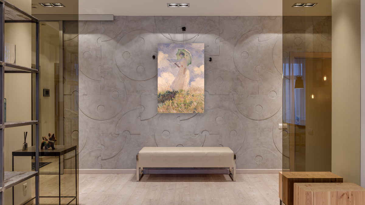 Woman with Parasol turned to the Left by Claude Monet, shown at 28 × 42 in (71.1 × 106.7 cm) as gallery-wrapped canvas, hallway
