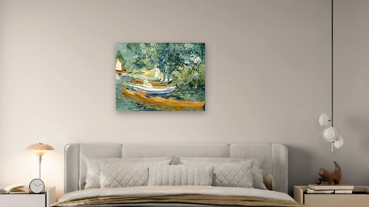 Bank of the Oise at Auvers by Vincent van Gogh, shown at 32 × 40 in (81.3 × 101.6 cm) as gallery-wrapped canvas, bedroom