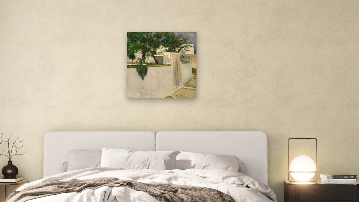 Les Dames Dans Leur Jardin (Patmos) by René Genis, shown at 32 × 32 in (81.3 × 81.3 cm) as gallery-wrapped canvas, bedroom