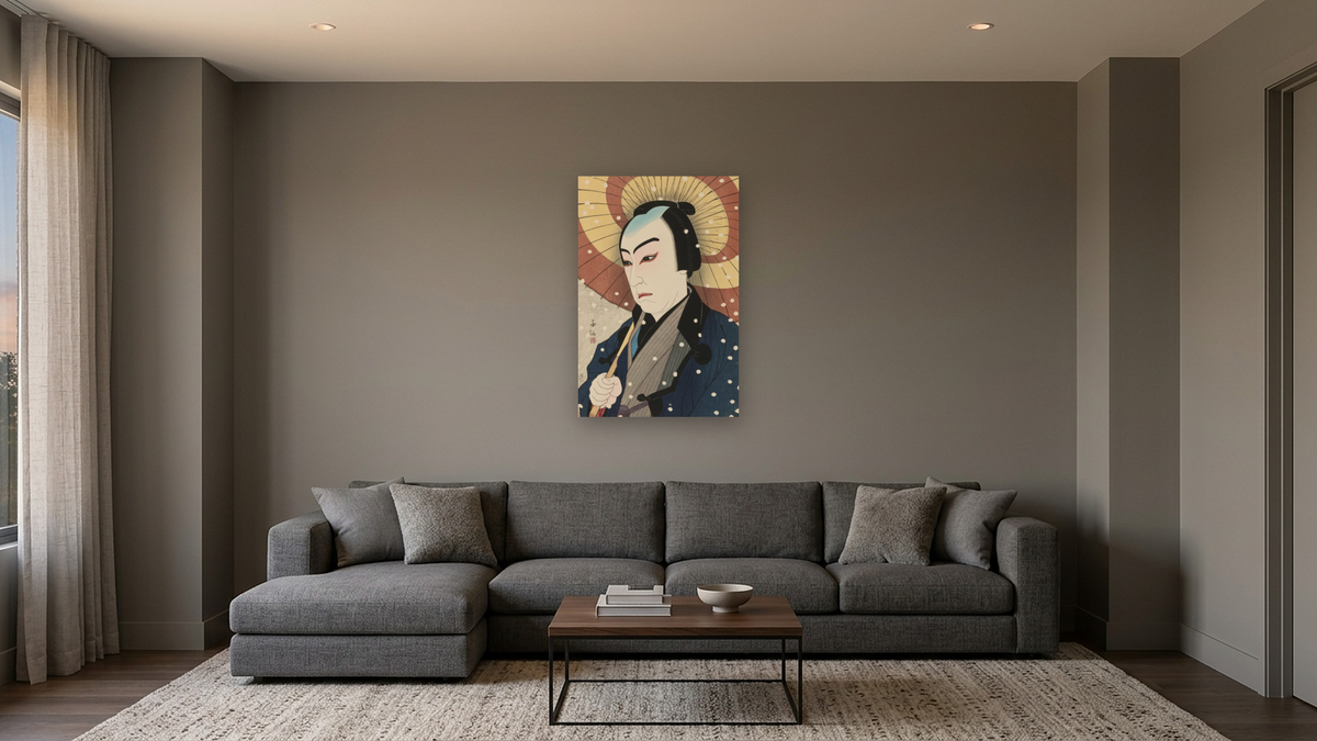 Sawamura Sojuro as Narihira Reizo by Natori Shunsen, shown at 28 × 42 in (71.1 × 106.7 cm) as gallery-wrapped canvas, media room