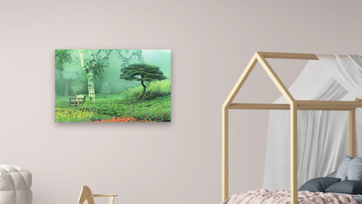 Misty Morning by Kirsten Söderlind, shown at 28 × 42 in (71.1 × 106.7 cm) as gallery-wrapped canvas, bedroom