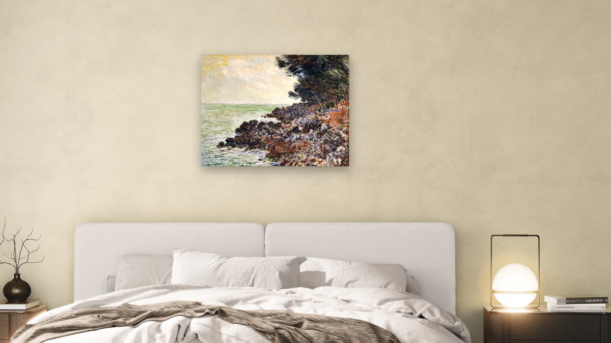 Cap Martin by Claude Monet, shown at 32 × 40 in (81.3 × 101.6 cm) as gallery-wrapped canvas, bedroom