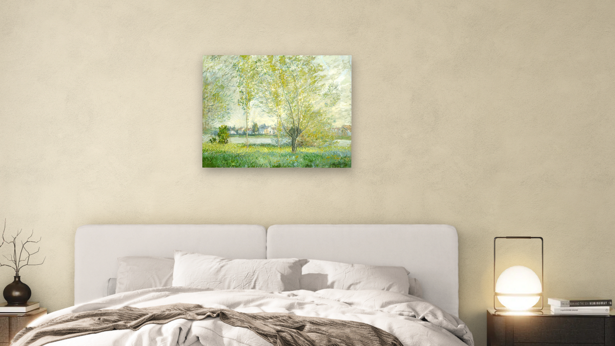 Willows at Vetheuil by Claude Monet, shown at 32 × 40 in (81.3 × 101.6 cm) as gallery-wrapped canvas, bedroom