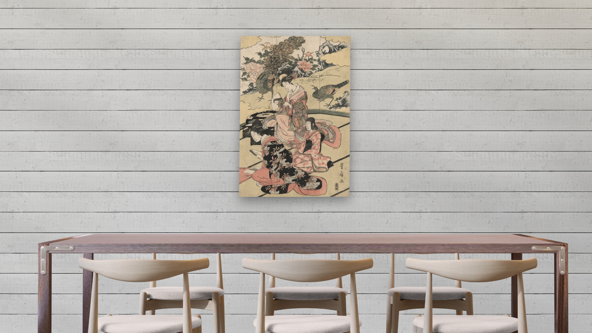 A Daimyo's Mansion by Utagawa Toyokuni, shown at 28 × 42 in (71.1 × 106.7 cm) as gallery-wrapped canvas, dining