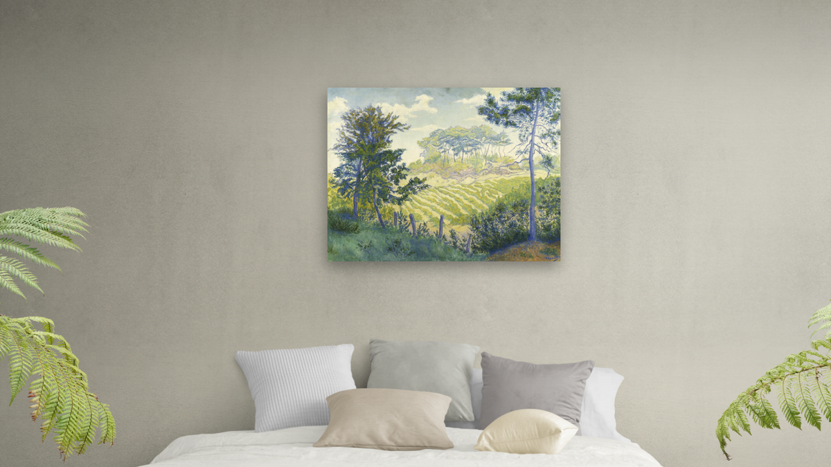 Vineyards Under the Pines by Paul Elie Ranson, shown at 32 × 40 in (81.3 × 101.6 cm) as gallery-wrapped canvas, bedroom