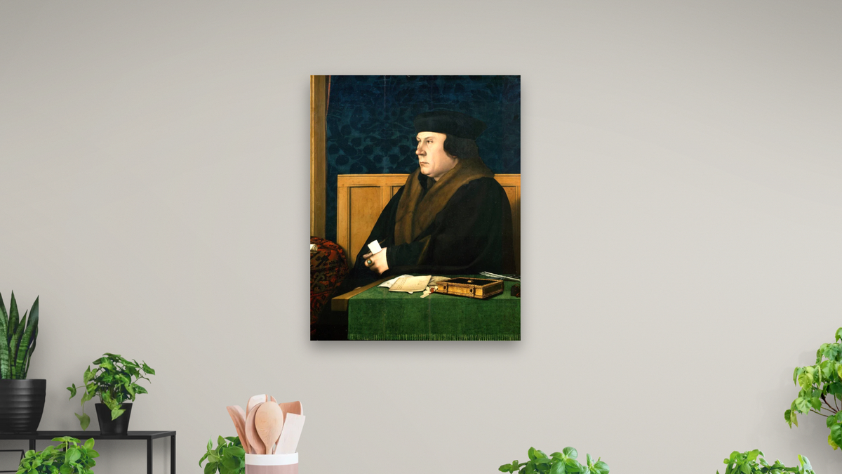 Portrait of Thomas Cromwell by Hans Holbein the Younger, shown at 32 × 40 in (81.3 × 101.6 cm) as gallery-wrapped canvas, dining