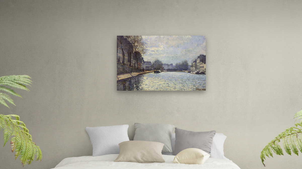 View of the Canal Saint-Martin, Paris by Alfred Sisley, shown at 28 × 42 in (71.1 × 106.7 cm) as gallery-wrapped canvas, bedroom