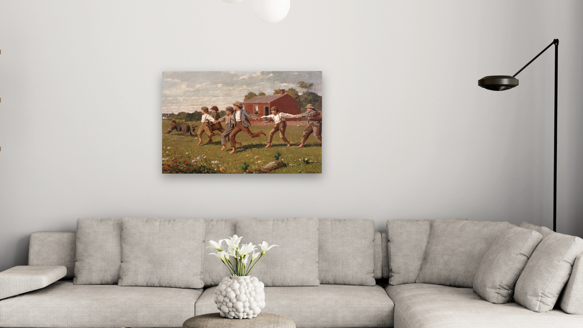 Snap the Whip by Winslow Homer, shown at 28 × 42 in (71.1 × 106.7 cm) as gallery-wrapped canvas, living