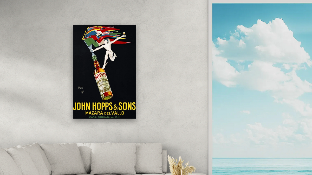 John Hopps & Sons Poster by Bazzi, shown at 28 × 42 in (71.1 × 106.7 cm) as gallery-wrapped canvas, living
