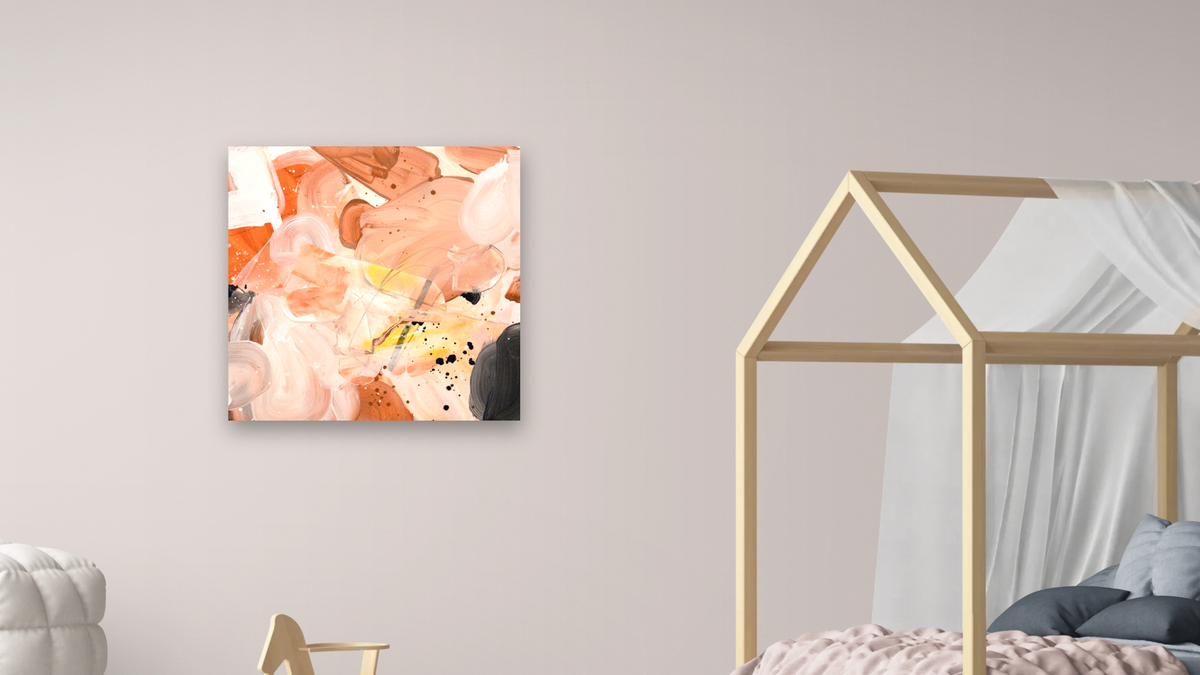 Snack 25 by Nino Yuniardi, shown at 32 × 32 in (81.3 × 81.3 cm) as gallery-wrapped canvas, bedroom