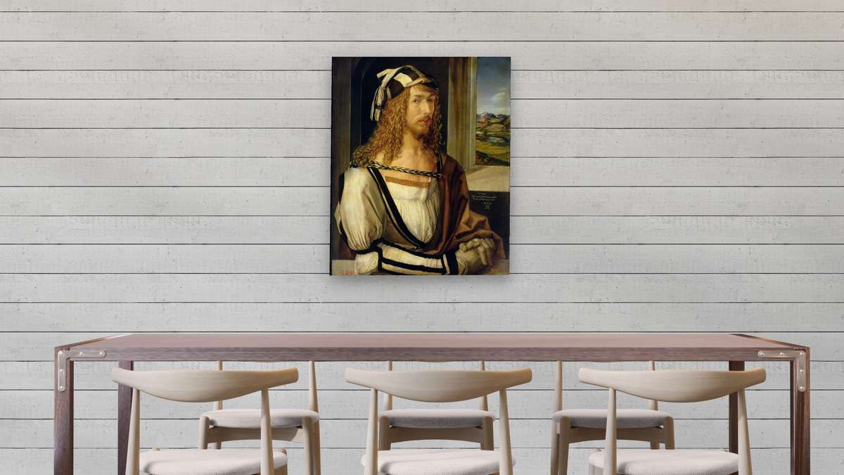 Self Portrait with Gloves, 1498 by Albrecht Dürer, shown at 32 × 40 in (81.3 × 101.6 cm) as gallery-wrapped canvas, dining