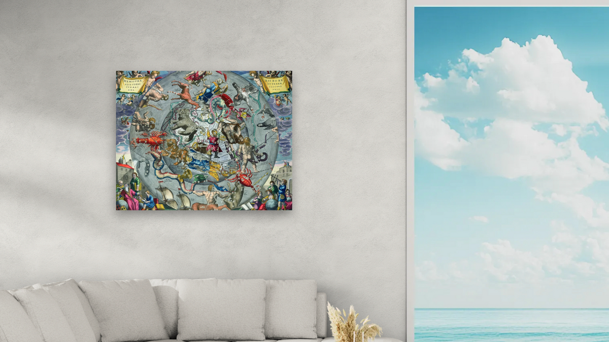 Spherical scenography of both the celestial and terrestrial northern hemispheres, Plate 25, from Harmonia Macrocosmica by Andreas Cellarius, shown at 32 × 40 in (81.3 × 101.6 cm) as gallery-wrapped canvas, living
