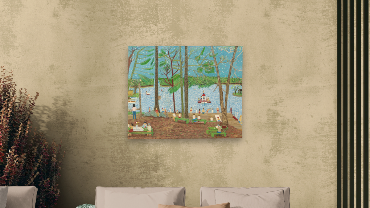 Peach Lake by Ralph Fasanella, shown at 32 × 40 in (81.3 × 101.6 cm) as gallery-wrapped canvas, living
