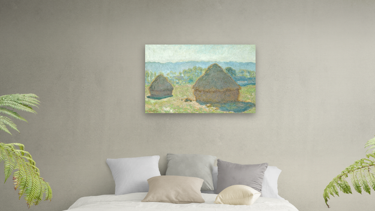 Grainstacks in Bright Sunlight by Claude Monet, shown at 28 × 42 in (71.1 × 106.7 cm) as gallery-wrapped canvas, bedroom
