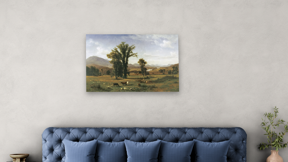 Mt. Ascutney from Claremont, New Hampshire by Albert Bierstadt, shown at 28 × 42 in (71.1 × 106.7 cm) as gallery-wrapped canvas, bedroom